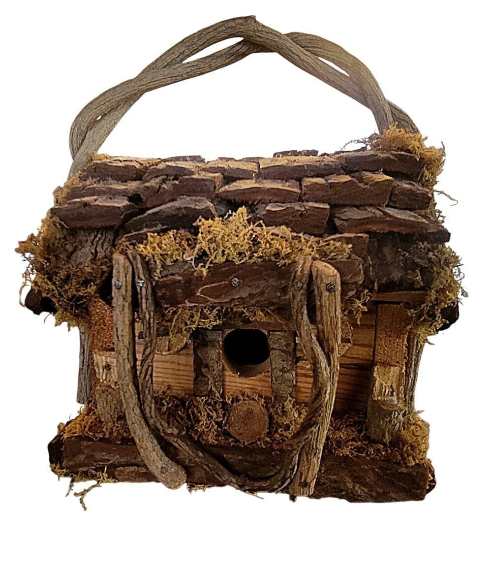 Vtg Rustic Wood Cabin Folk Art Garden Decor Bird House Handcrafted Bark Moss CLO